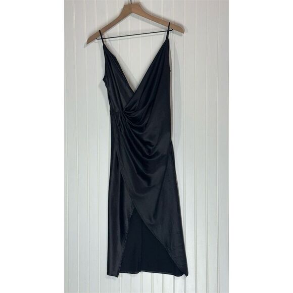 House of CB Coco Black Satin Wrap Slip Dress M Cowl Neck Asym Hem Midi - Picture 1 of 9